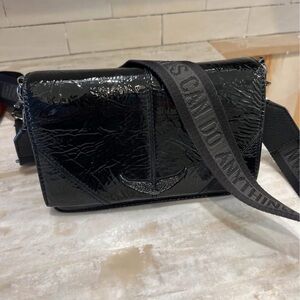 Glossy Black Patent Crossbody Bag with Wide Logo Strap